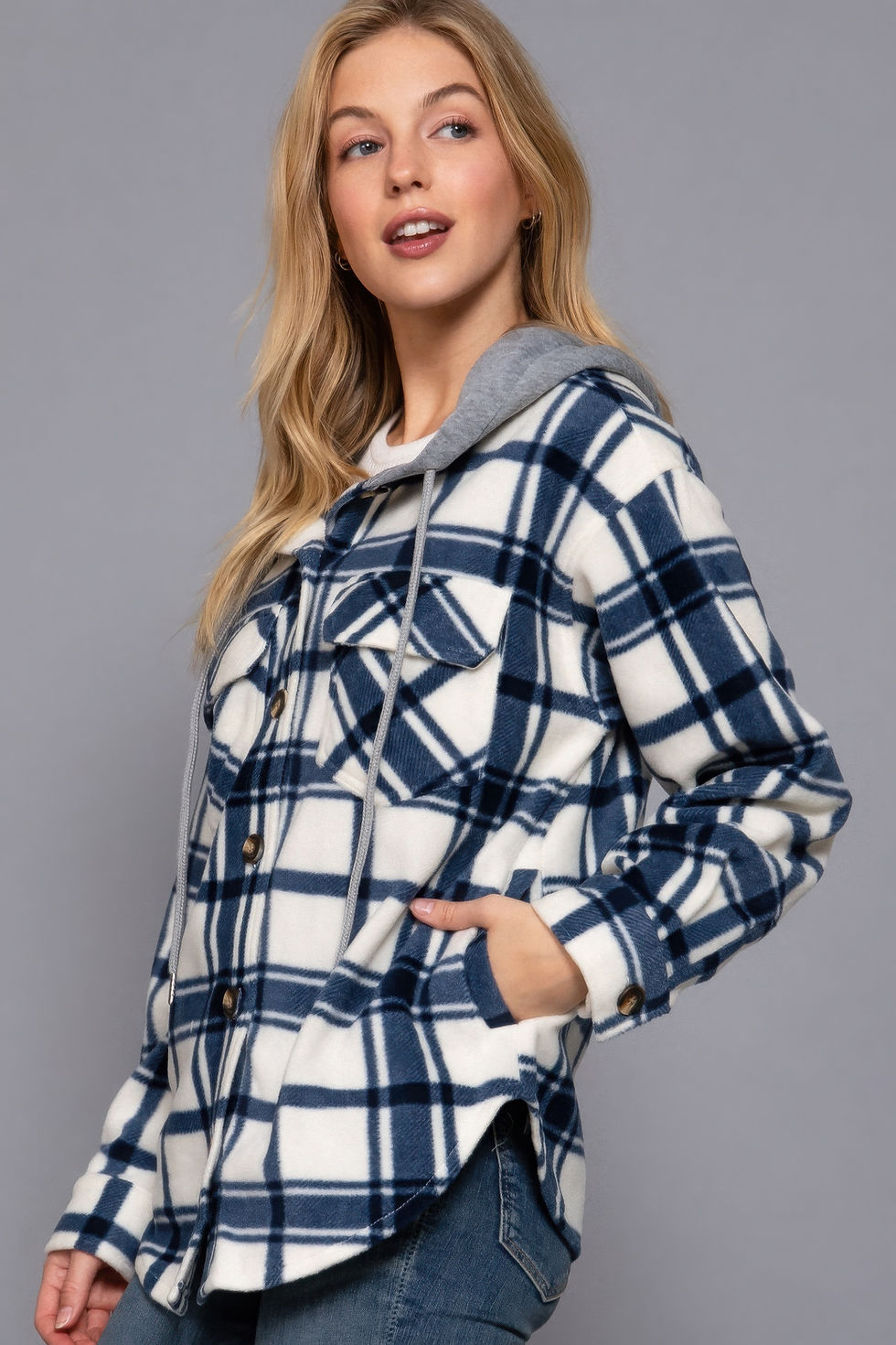 Thumbnail: Plaid Print Hoodie Fleece Jacket       