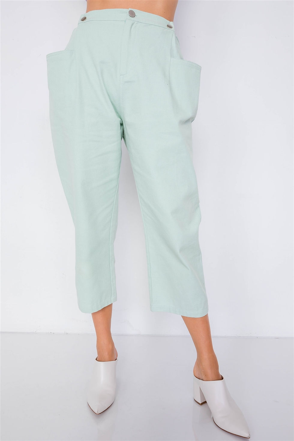 Thumbnail: Pastel Chic Solid Ankle Wide Leg Adjustable Snap Waist Pants
