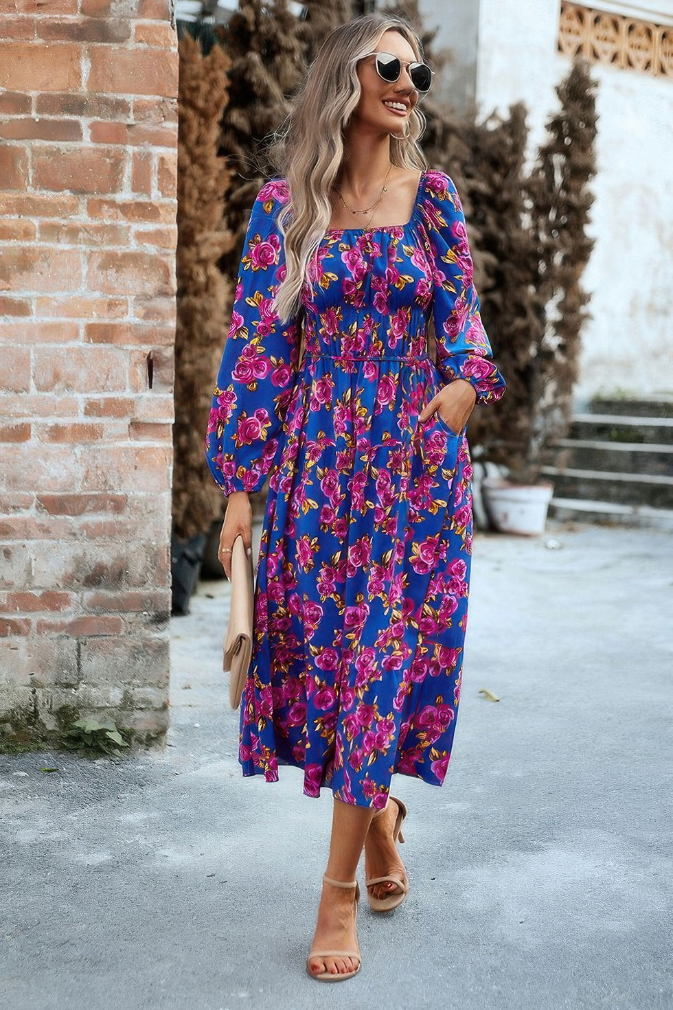 Thumbnail: Floral High Elastic Waist Square Neck Pocket Dress