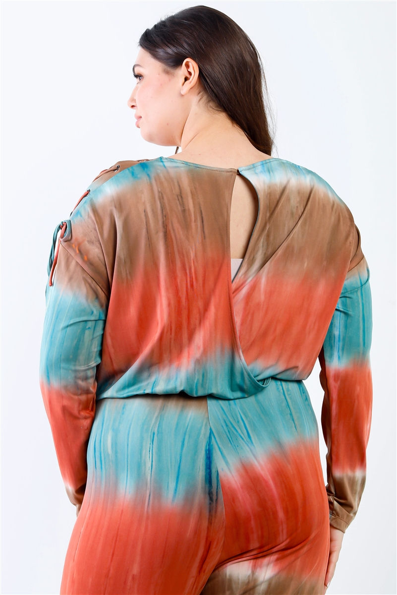 Thumbnail: Plus Tie-dye Lace Up Shoulder Details Back Wrap Cut-out Jumpsuit