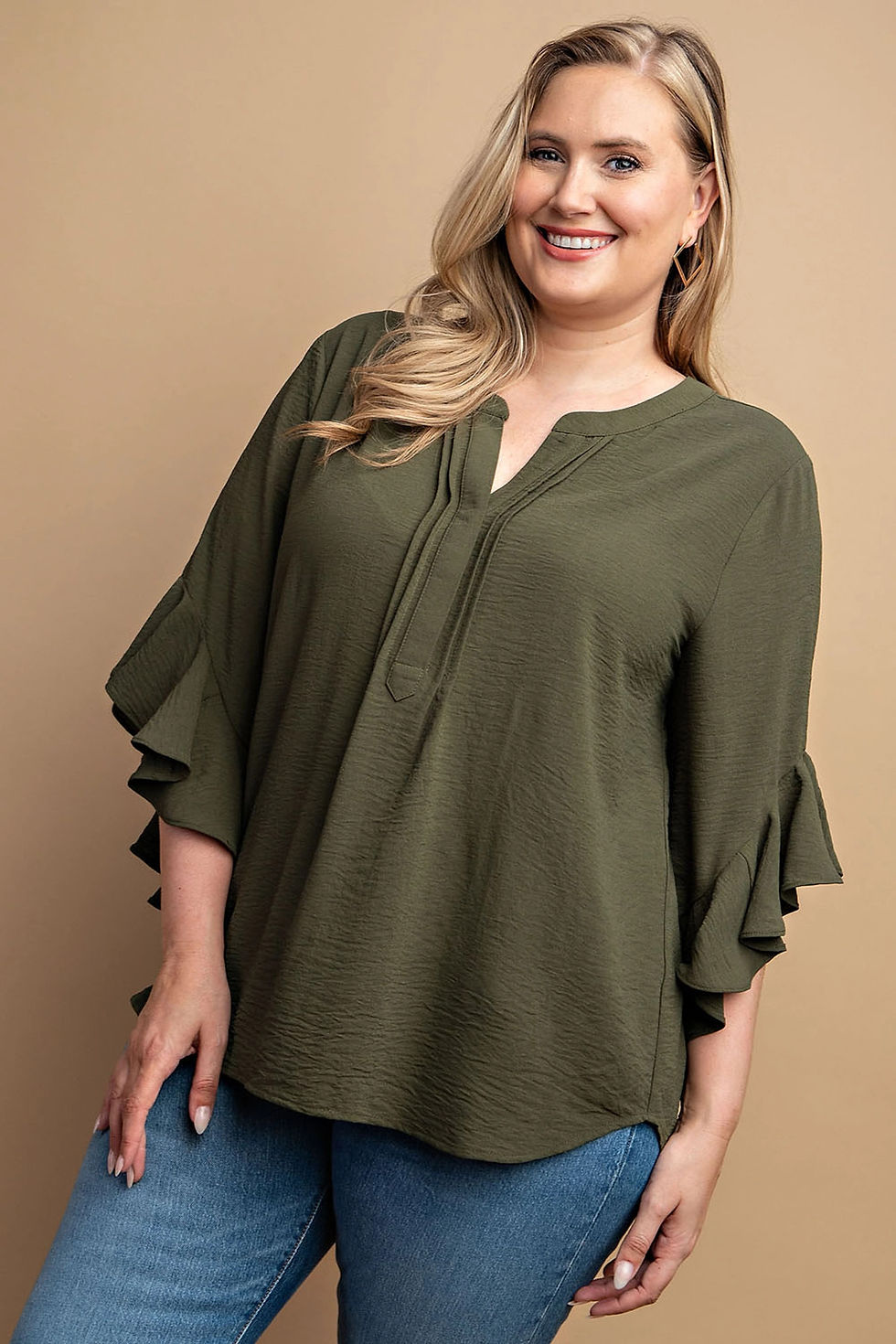 Thumbnail: Ruffled Bell Sleeve And Front Pleated Detail Top