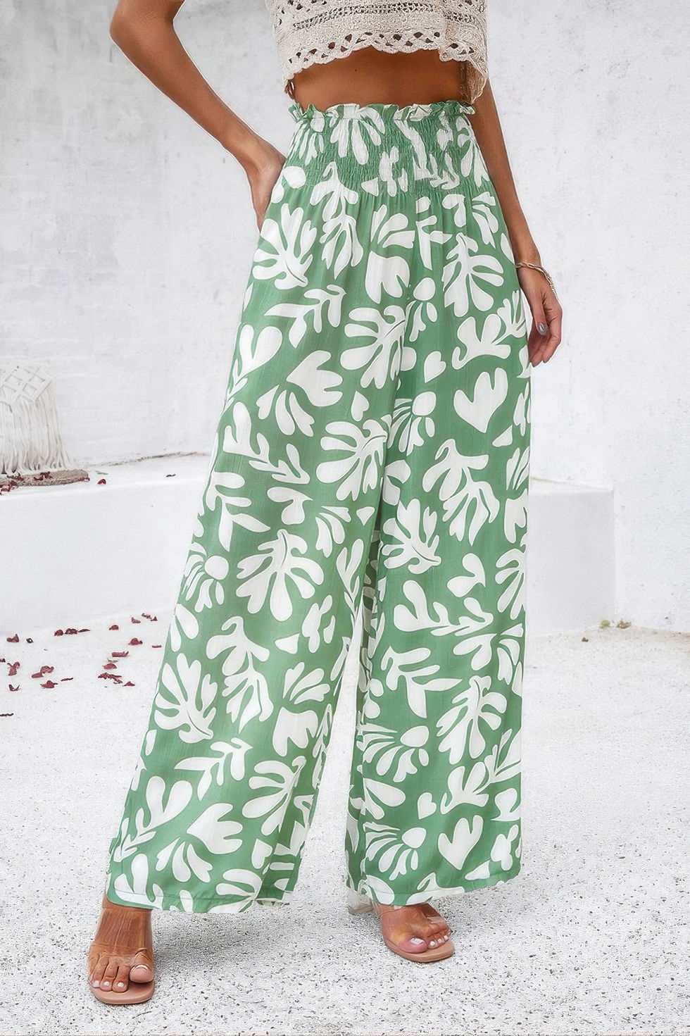 Thumbnail: Allover Print Folded Frill Wide Leg High Waist Pant