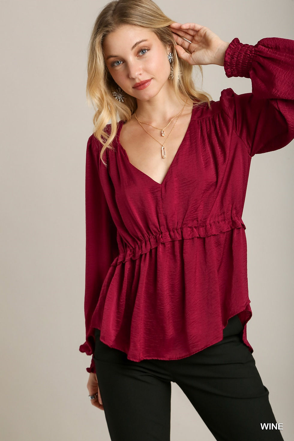 Thumbnail: Satin V-neck Ruffle Baby Doll Top With Cuffed Long Sleeve