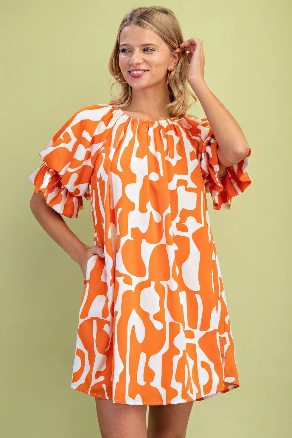 Thumbnail: Geometric Print Loose Fit Mini Dress With Gathered Balloon Sleeves