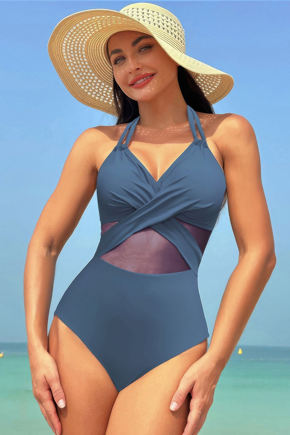 Thumbnail: Color Block Halter Cross Lace One Piece Swimsuit