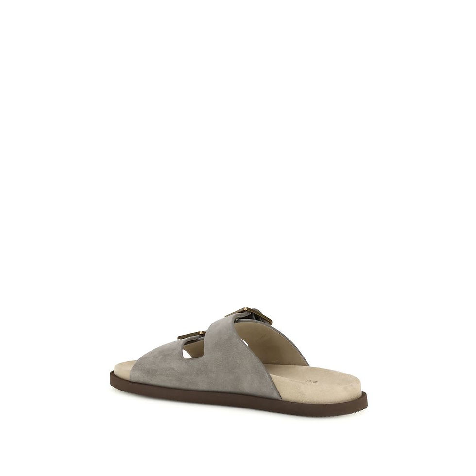 Thumbnail: Brunello Cucinelli Gray Calf Leather Bos Taurus Flat Sandals