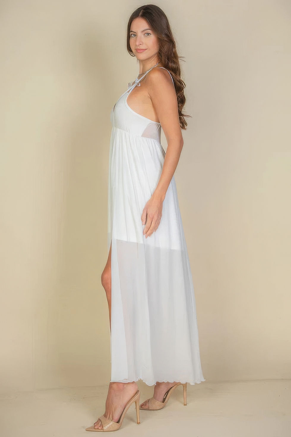 Thumbnail: Plunge Neck Split Thigh Mesh Maxi Dress