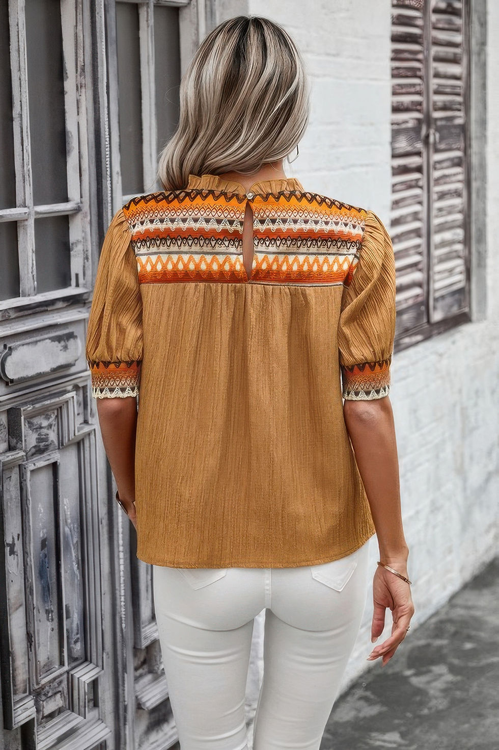 Thumbnail: Geometric Print Elegant Textured Puff Sleeve Shirt