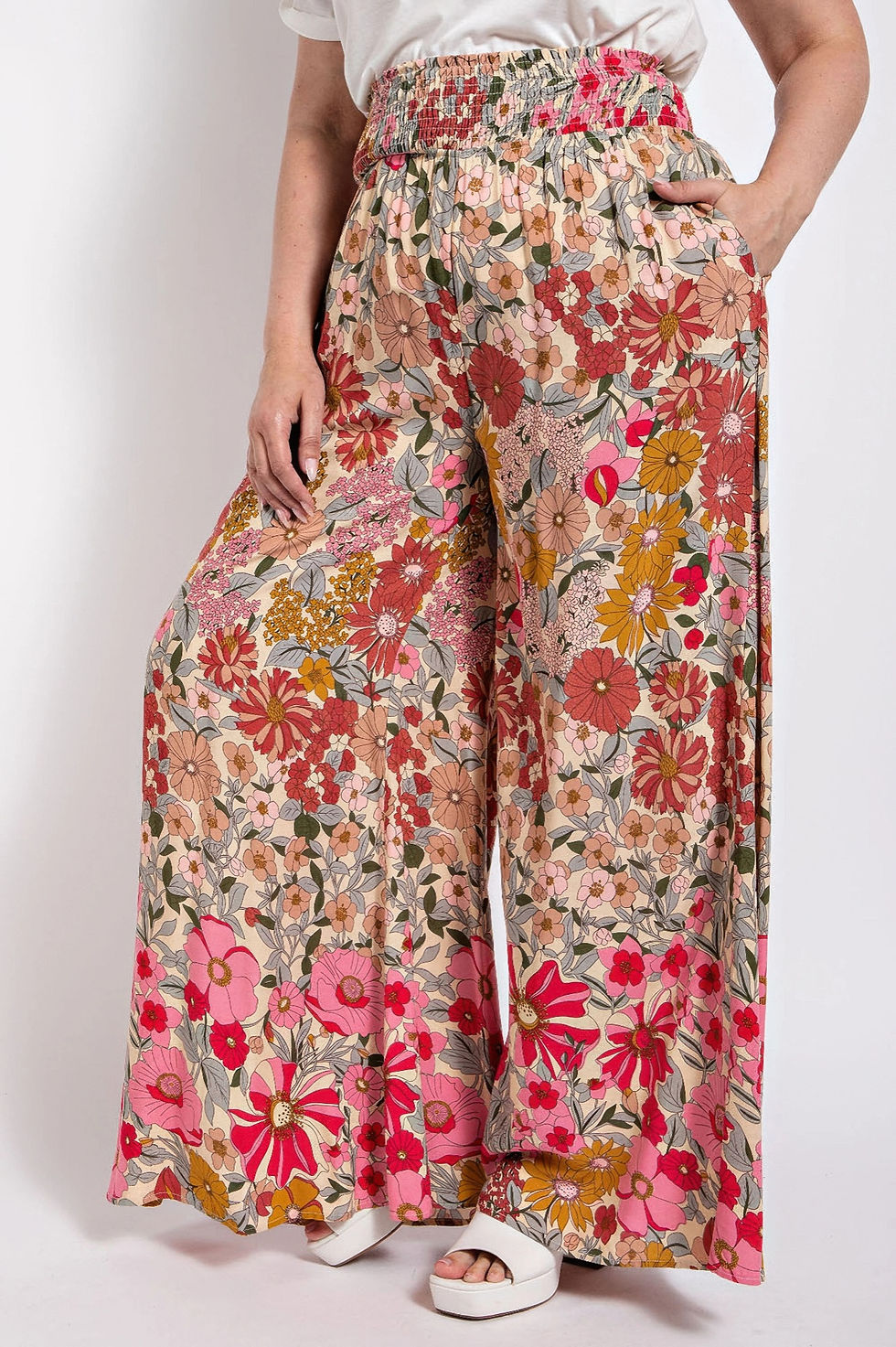 Thumbnail: Flare Wide Leg And Waist Smocked Pants With Side