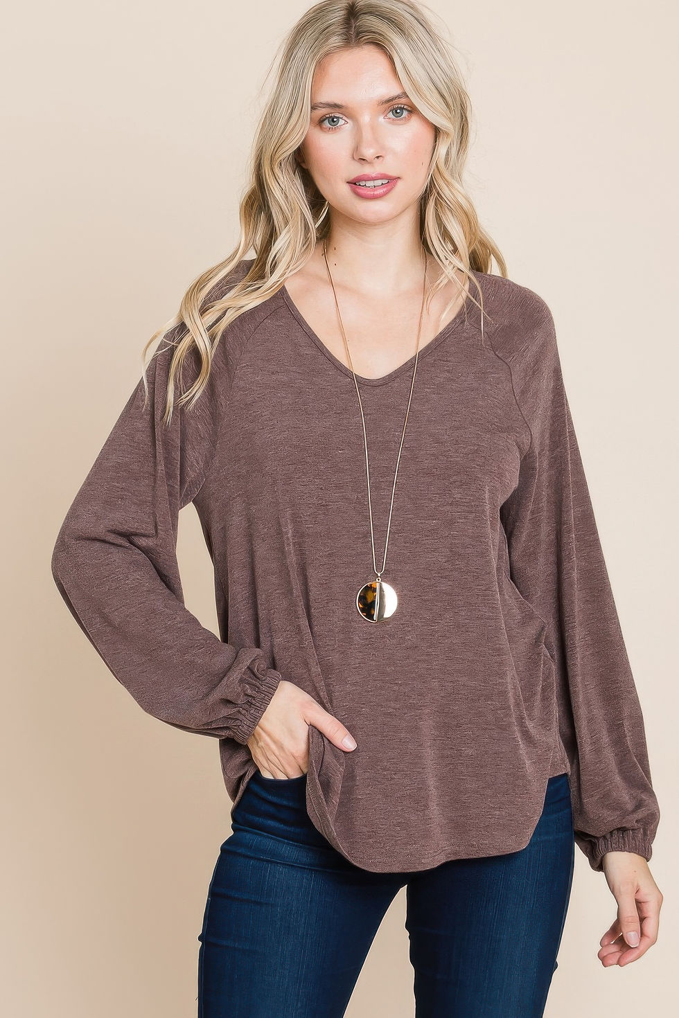 Thumbnail: Casual V Neck Basic Long Sleeve Top      