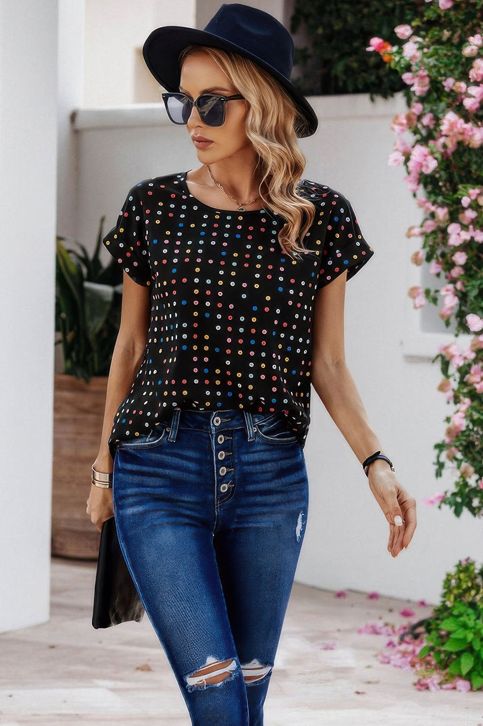 Thumbnail: Scoop Neck Polka Dot Batwing Sleeve Blouse