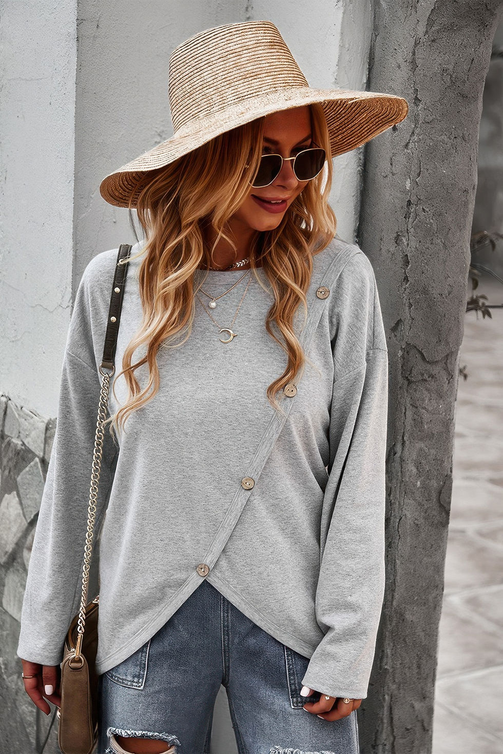 Thumbnail: Round Neck Solid Button Top