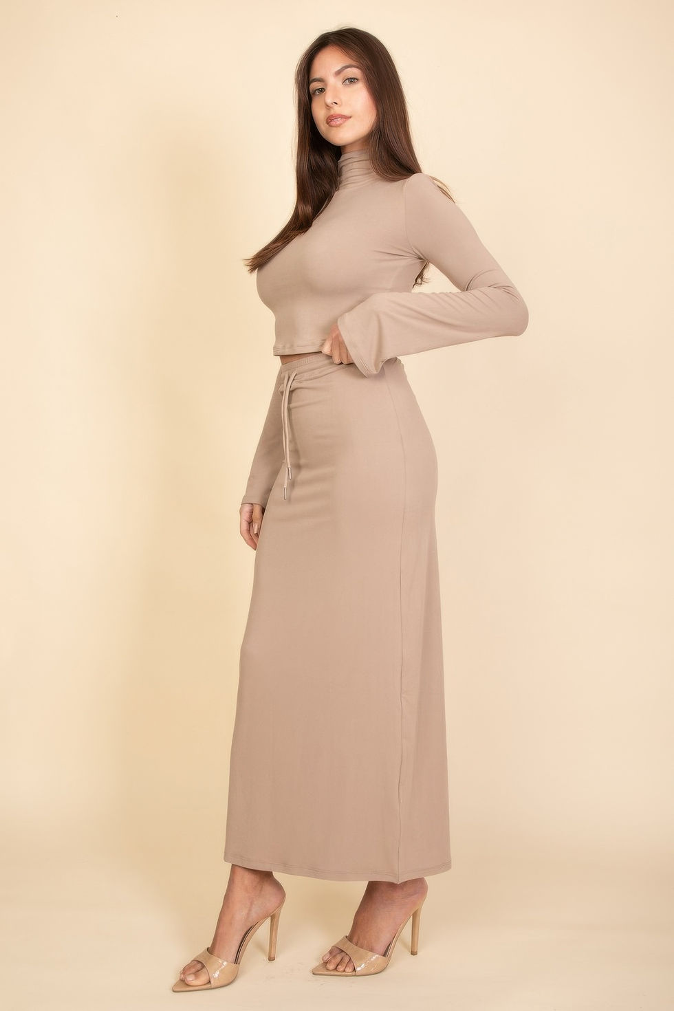 Thumbnail: Mock Neck Bell Sleeve Crop Top & Maxi Skirt Set