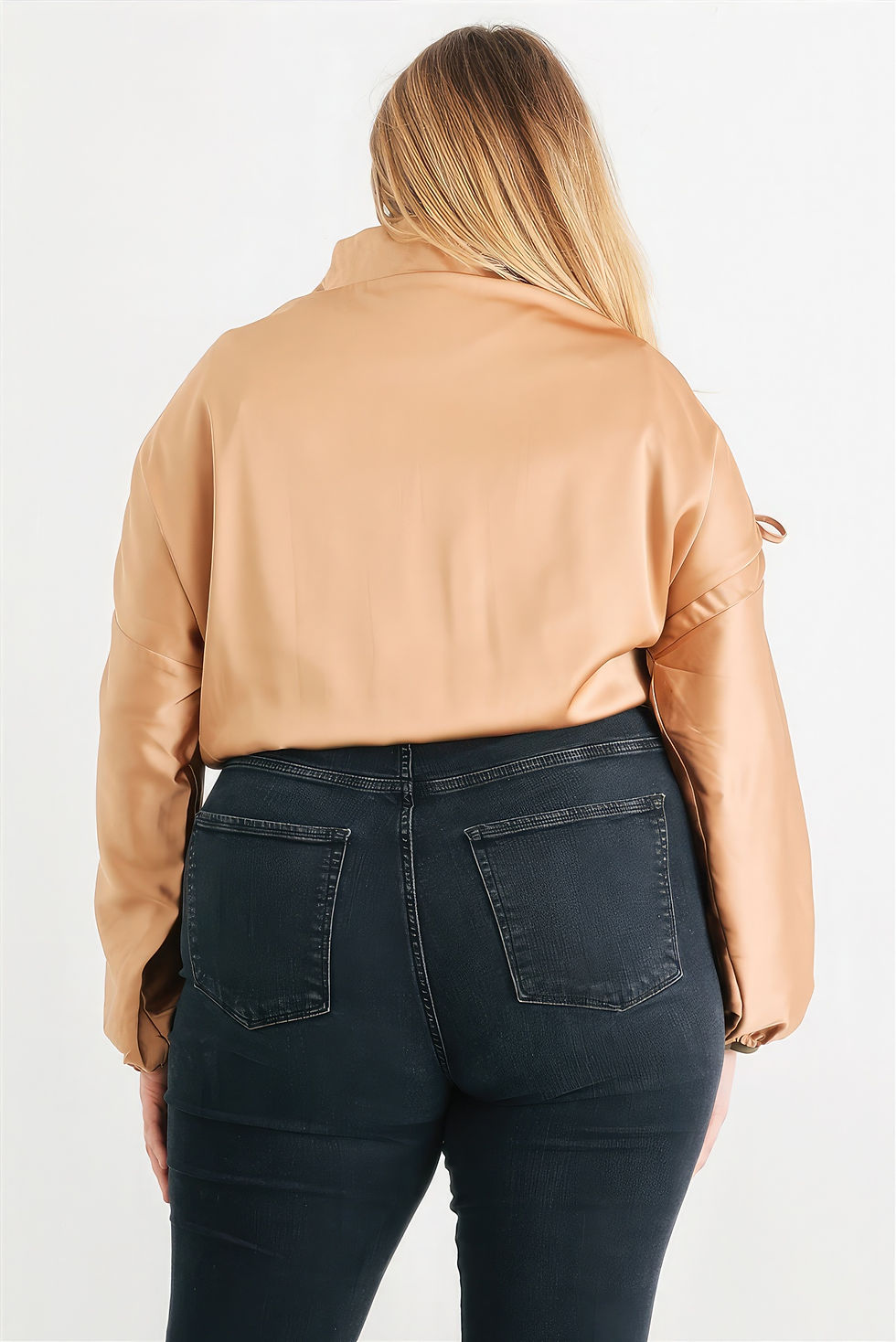 Thumbnail: Plus Satin Zip-up Ruched Long Sleeve Cropped Bomber Jacket