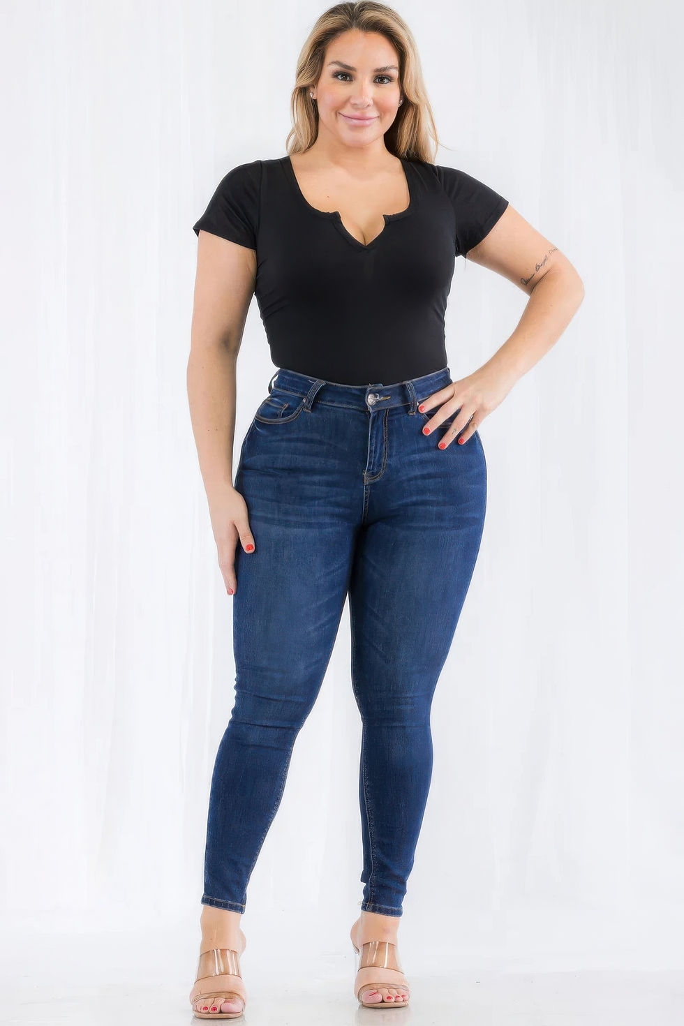 Thumbnail: Plus Size Casual Split Neck Solid Short Sleeve Bodysuit 