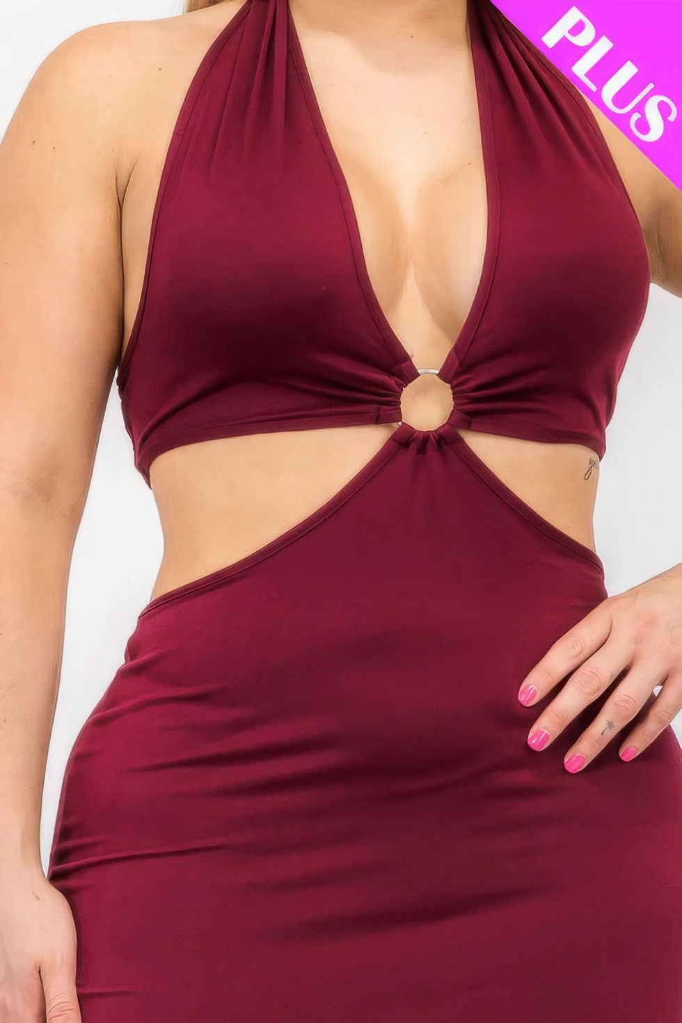 Thumbnail: Plus Size Cut-out Halter Neck Double Back Tie Split Thigh Midi Dress