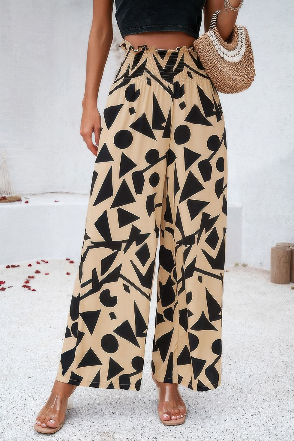Thumbnail: Allover Print Folded Frill Wide Leg High Waist Pant