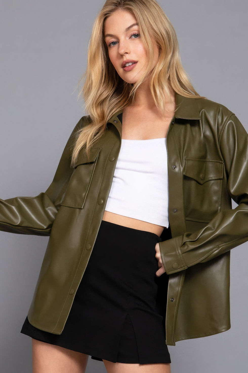 Thumbnail: Long Slv Faux Leather Shacket