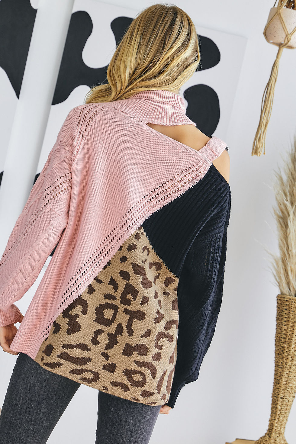 Thumbnail: Turtle Neck Color Block Cutout Sweater