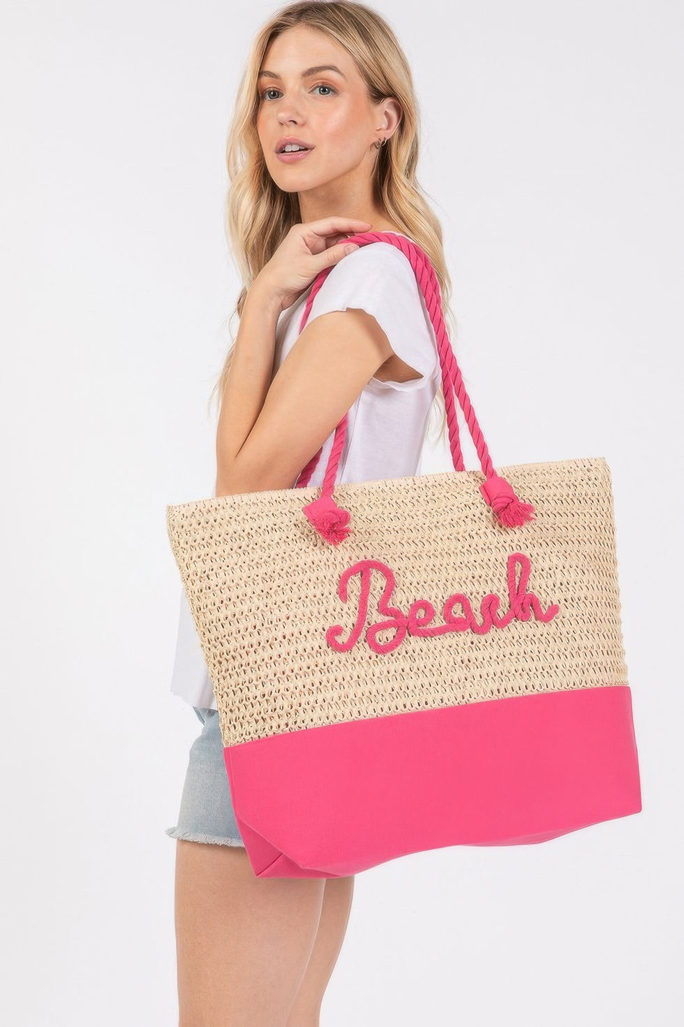 Thumbnail: Color Sewn Rope Beach Letter And Strap Crochet Fabric Tote