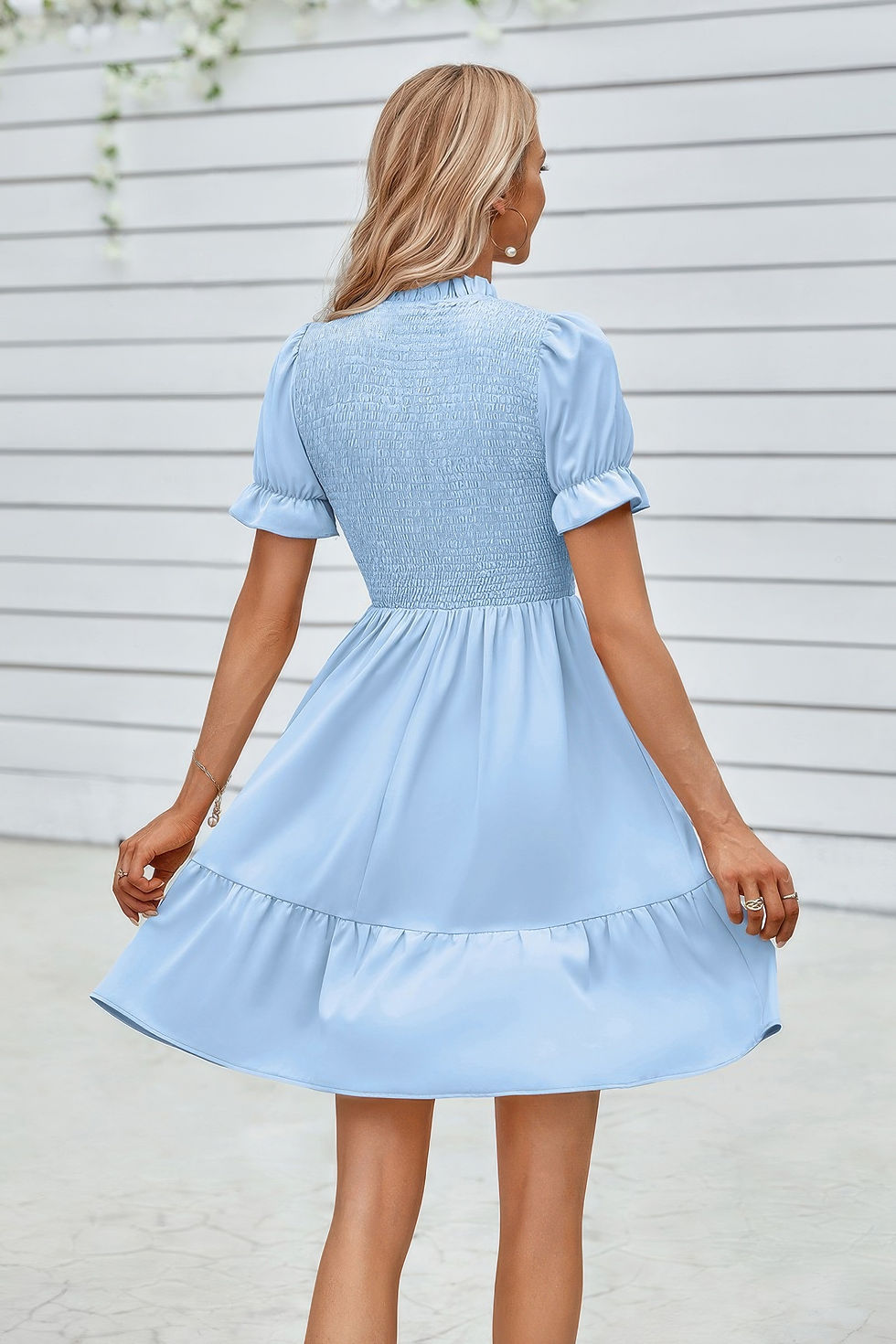 Thumbnail: Solid Puff Sleeve Shirred Detail Ruffle Hem Dress