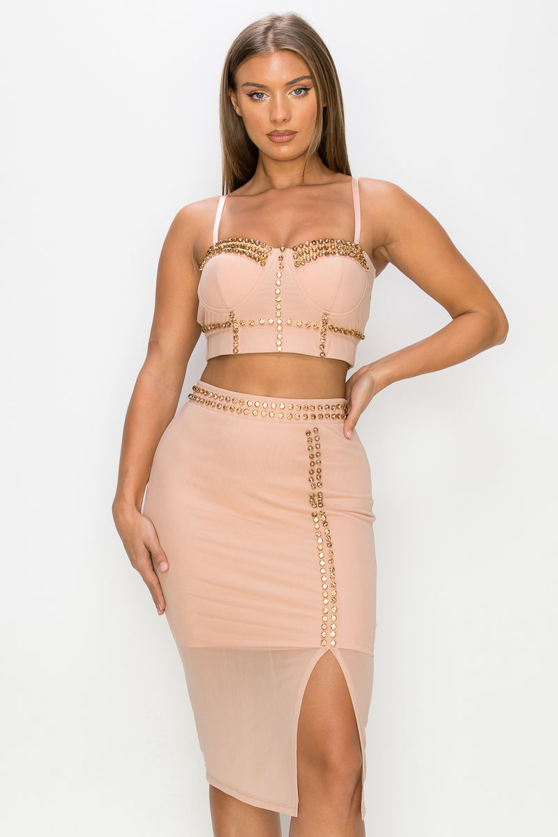 Thumbnail: Studded Stone Cami Top & Slit Mini Skirts Set