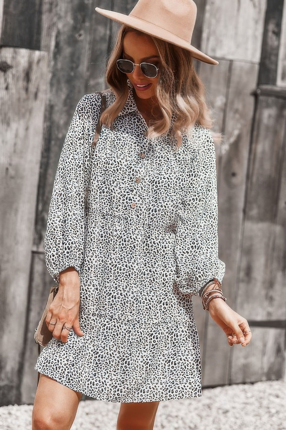 Thumbnail: Animal Print Button Down A Line Lantem Sleeve Dress