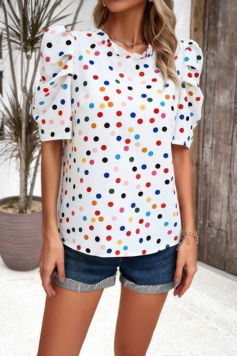 Thumbnail: Puff Sleeves Allover Print Knot Loose Fit Top