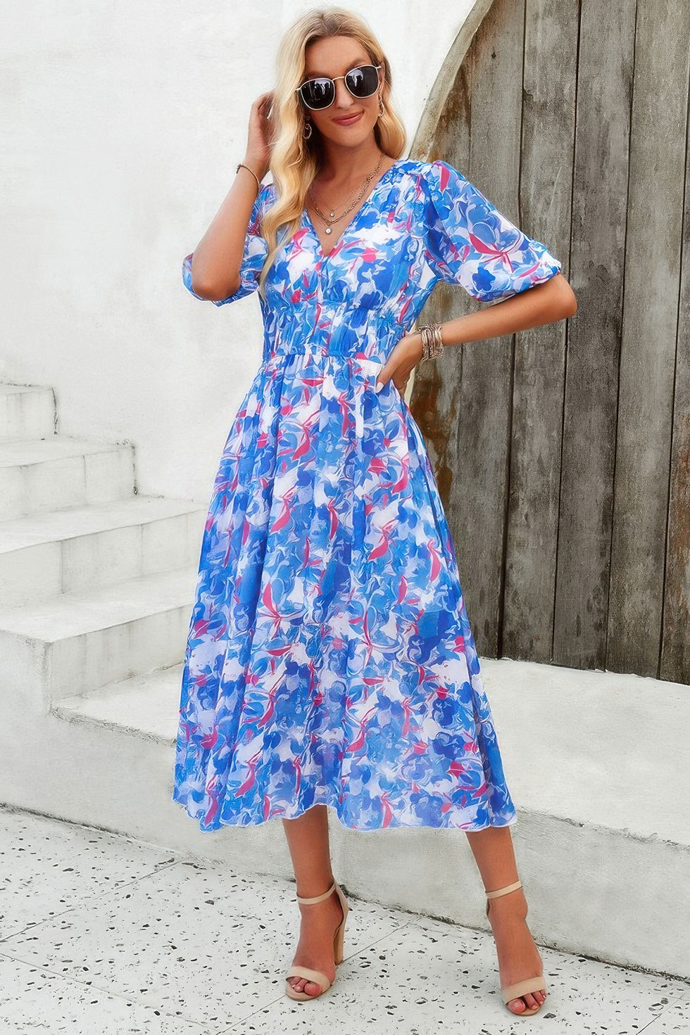 Thumbnail: Floral V Neck Puffed Sleeve High Waist Dress