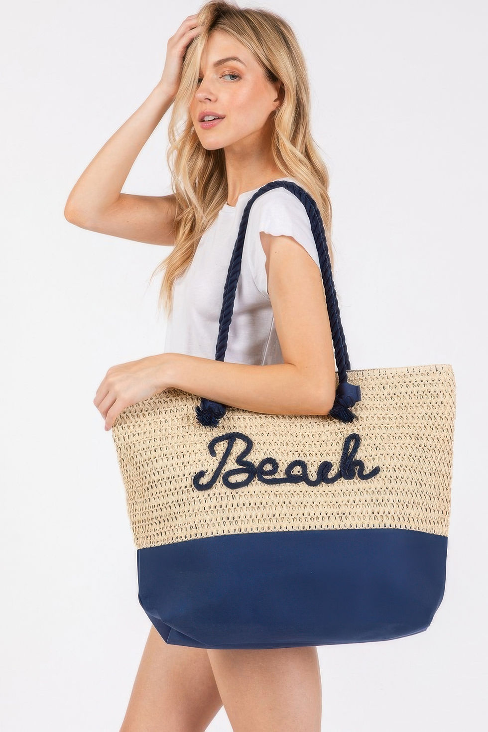 Thumbnail: Color Sewn Rope Beach Letter And Strap Crochet Fabric Tote