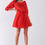 Thumbnail: Flame Red Boat Neck Ruffle Collar Midi Sleeve Self-tie Waist Front Button Do...