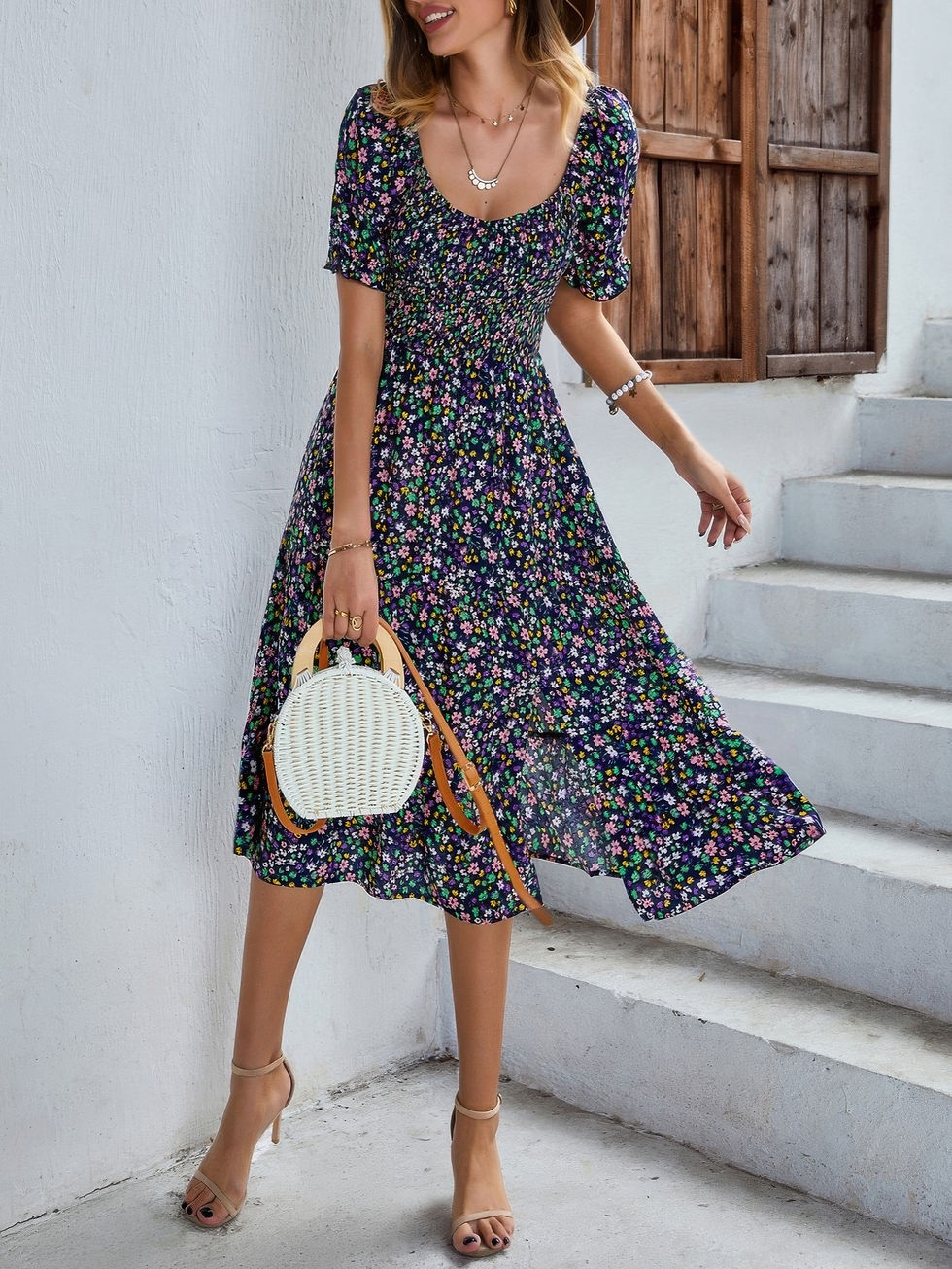 Thumbnail: Bohemia Floral Puff Sleeve Flounce Sleeve Dress