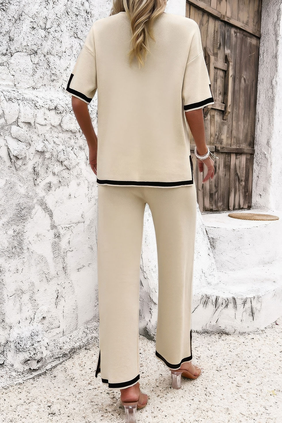 Thumbnail: Two Pieces Outfits Knit Short Sleeve Wide Leg Loun