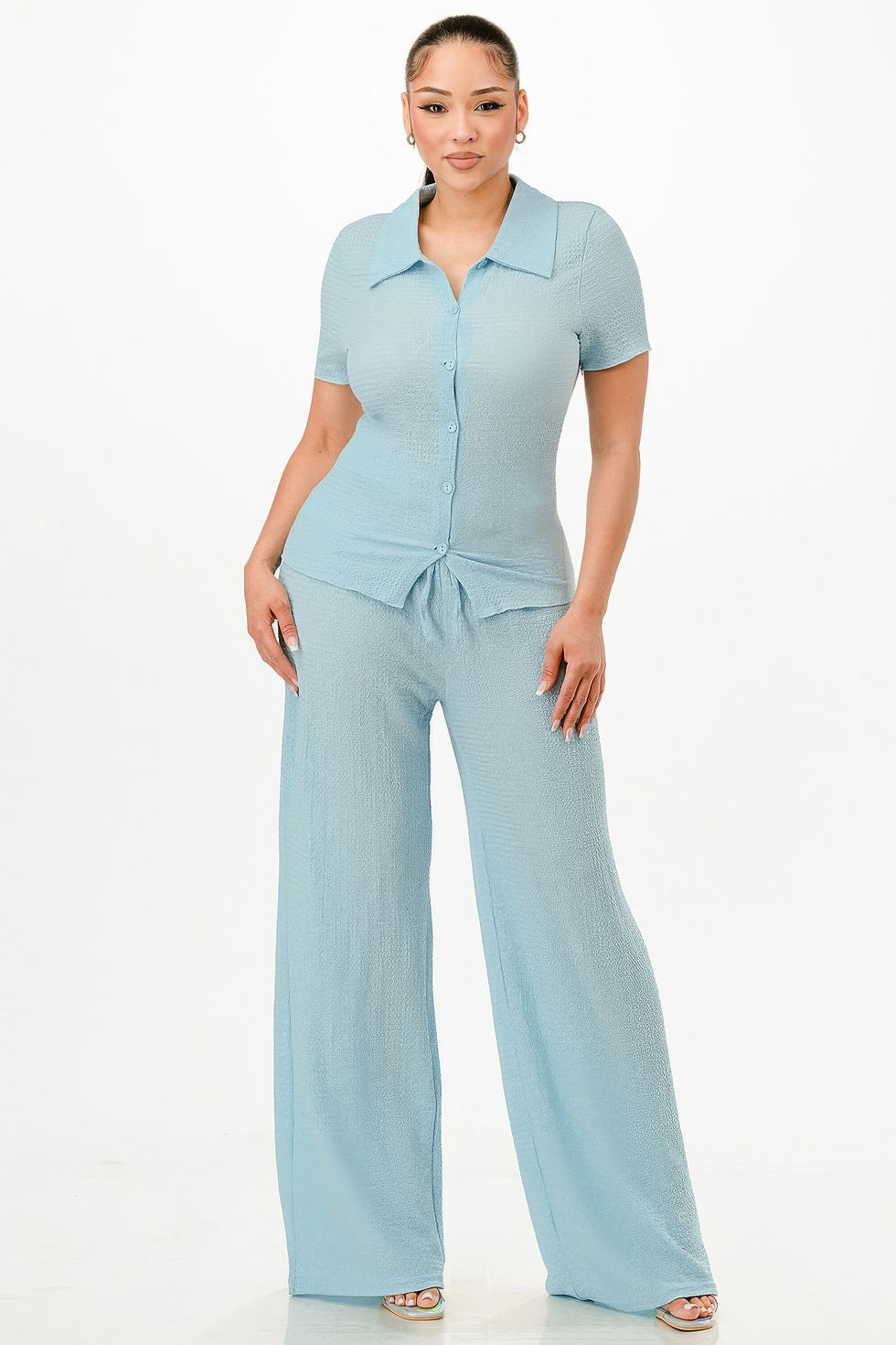 Thumbnail: Textured Polo Top And Pants Set