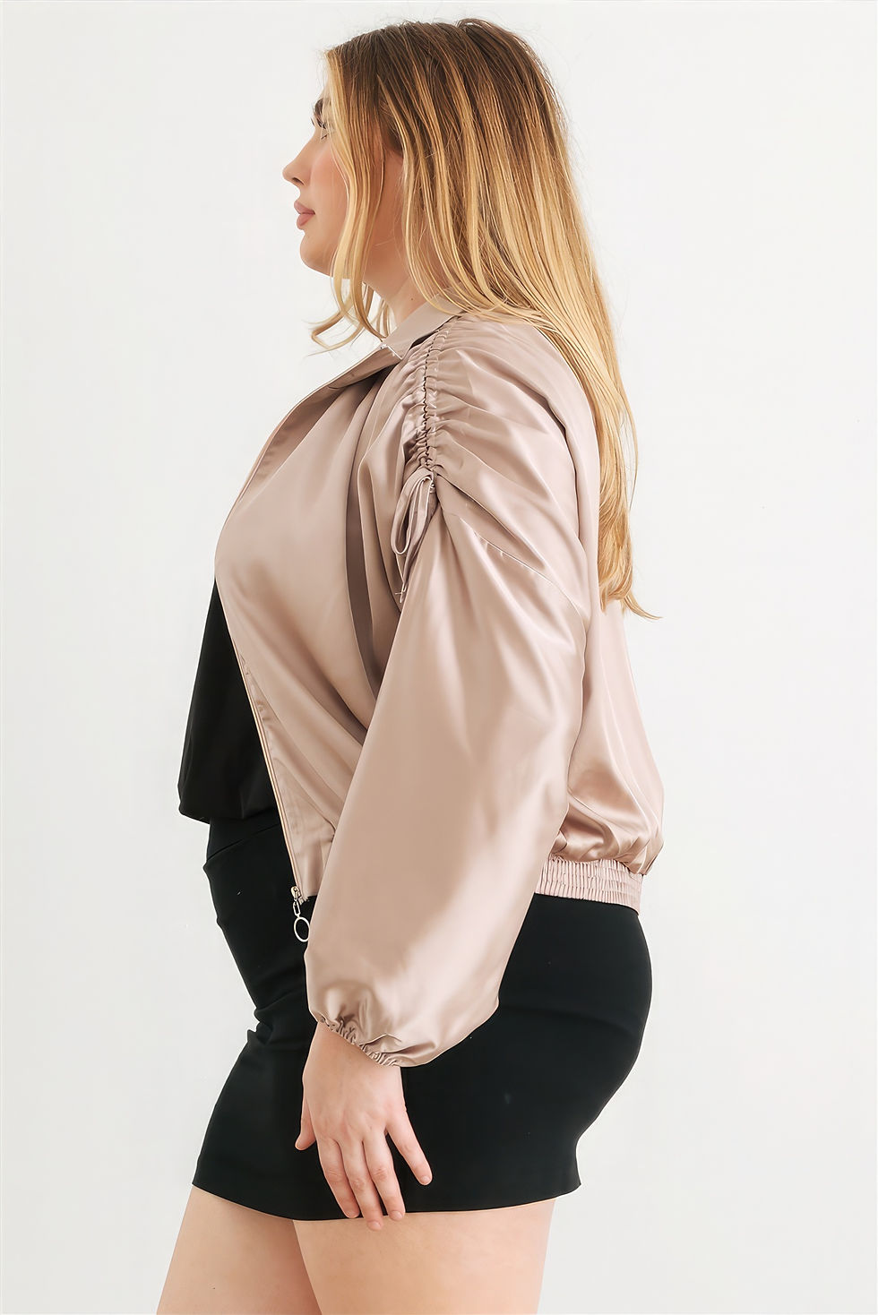 Thumbnail: Plus Satin Zip-up Ruched Long Sleeve Cropped Bomber Jacket