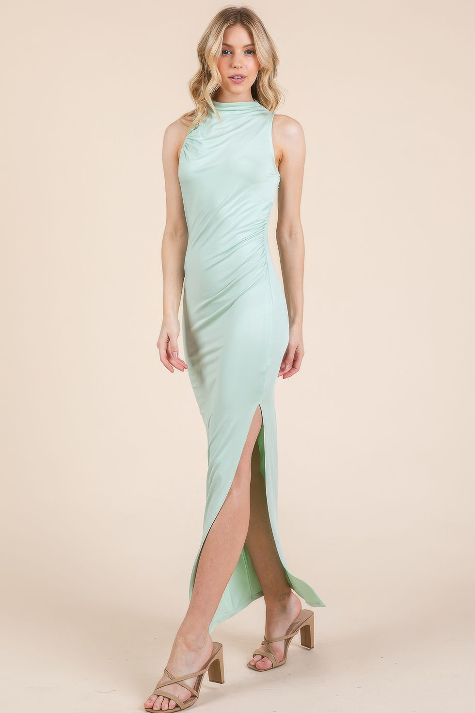 Thumbnail: Back Cut Out Side Shirring Side Slit Maxi Dress