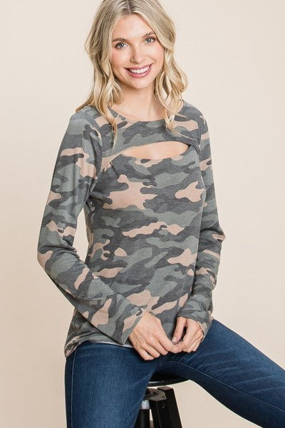 Thumbnail: Army Camo Printed Cut Out Neckline Long Sleeves Casual Basic Top