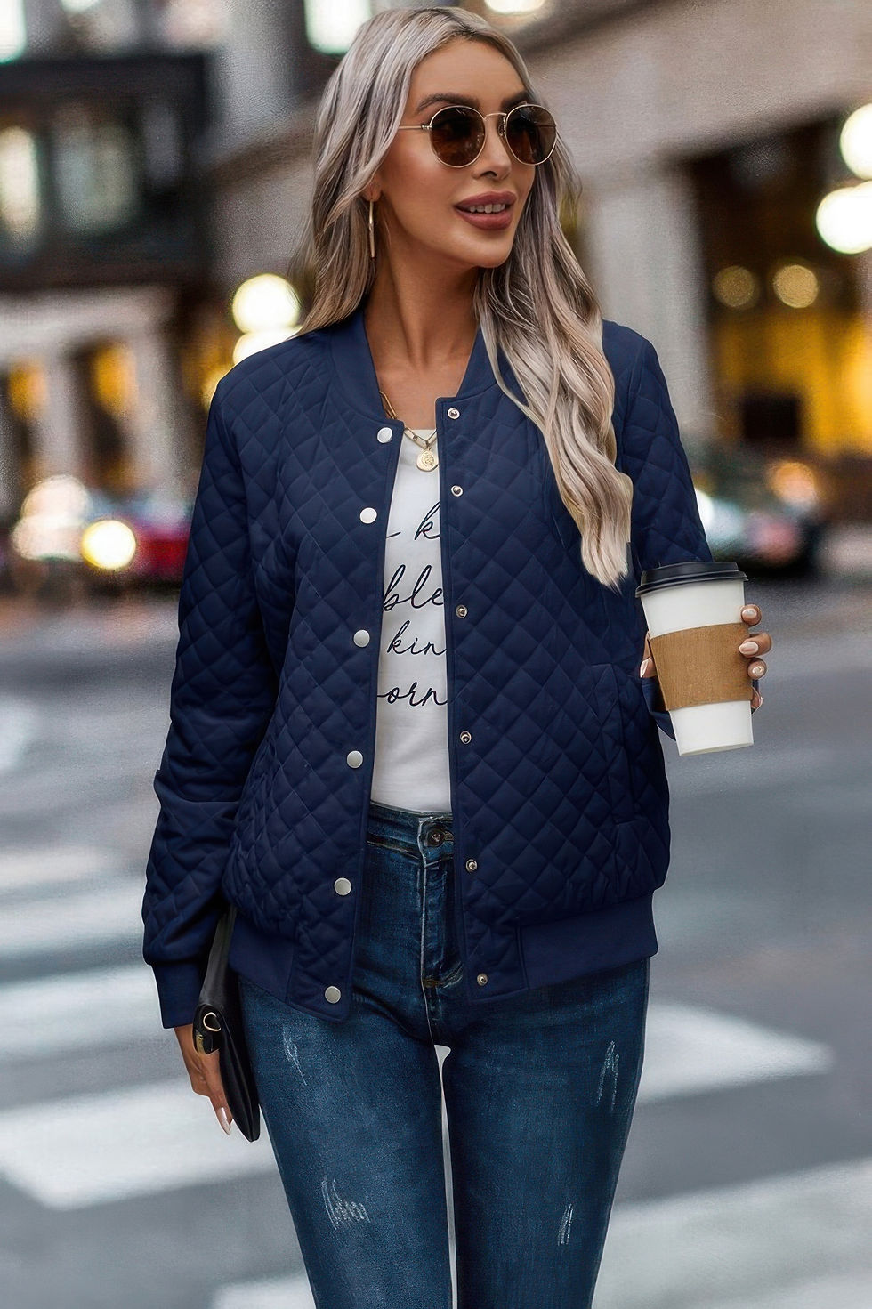Thumbnail: Solid Plaid Stitch Pockets Bomber Jacket