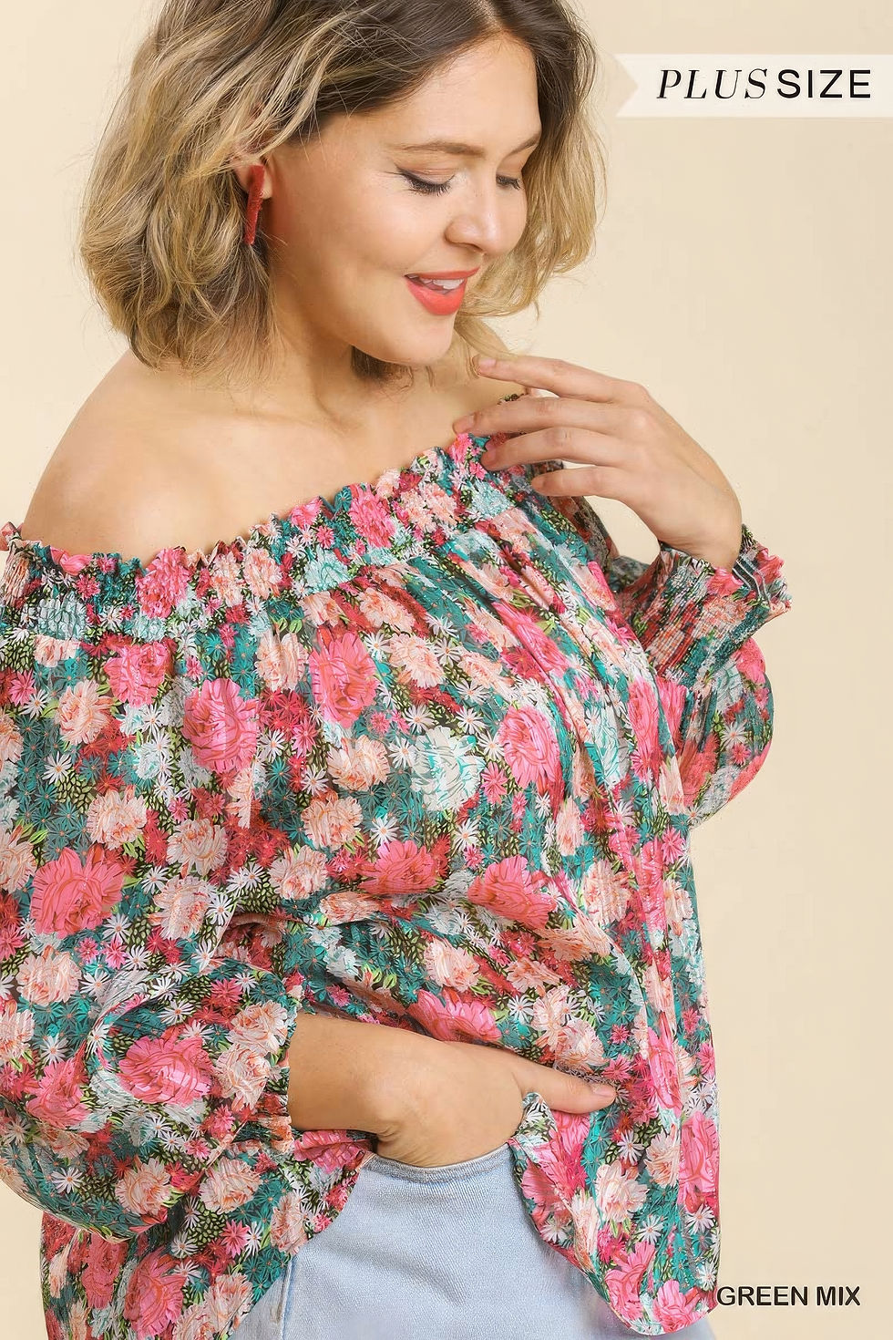 Thumbnail: Sheer Floral Print Metallic Threading Long Sleeve Off Shoulder Top With High...