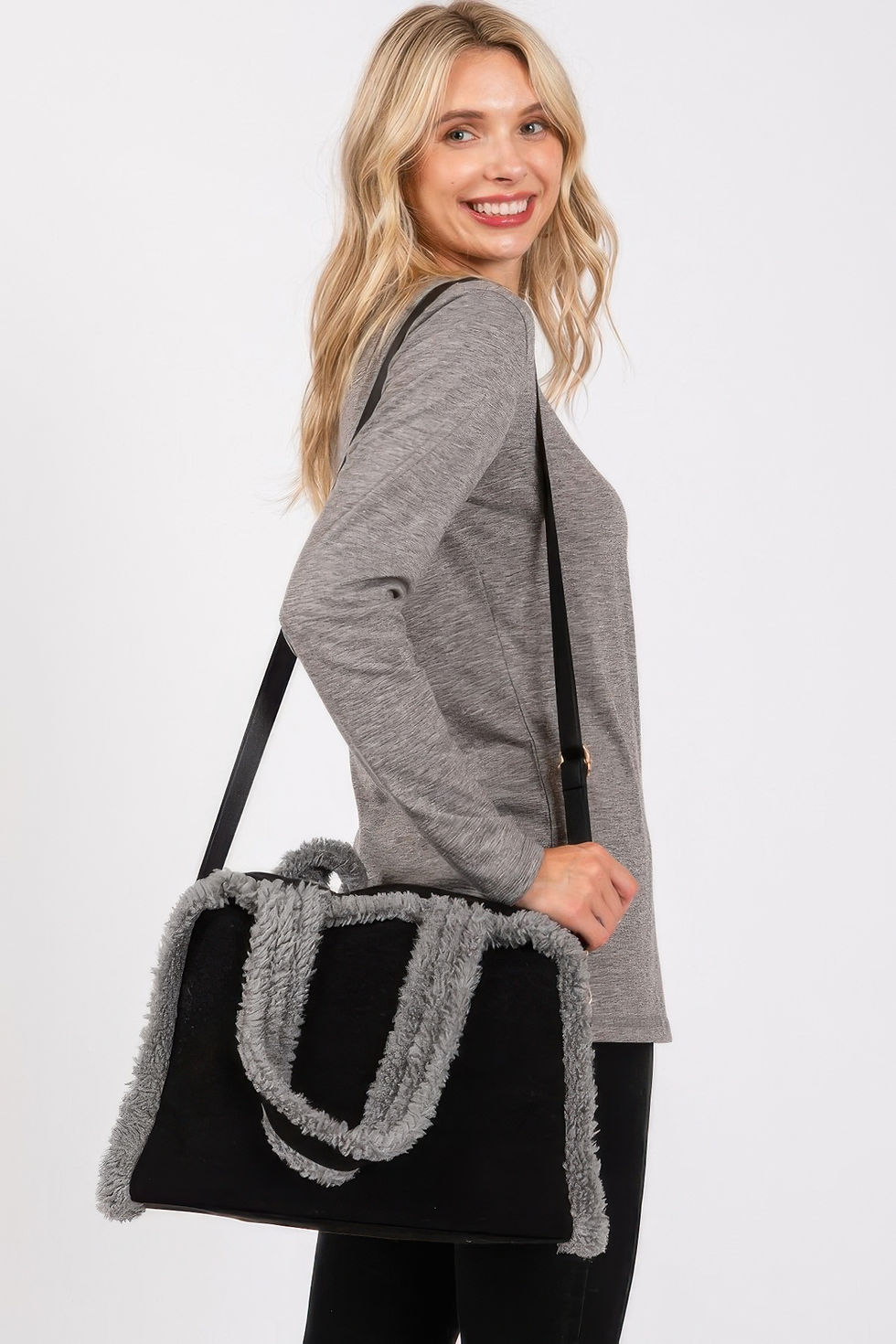 Thumbnail: Fleece Trimmed Solid Tote And Crossbody Bag