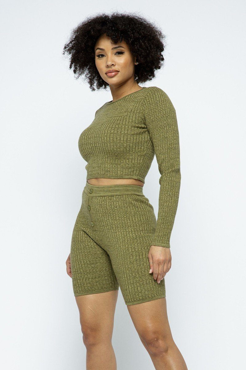 Thumbnail: Knit Long Sleeve Cropped Top Knit High-waist Biker Shorts Set