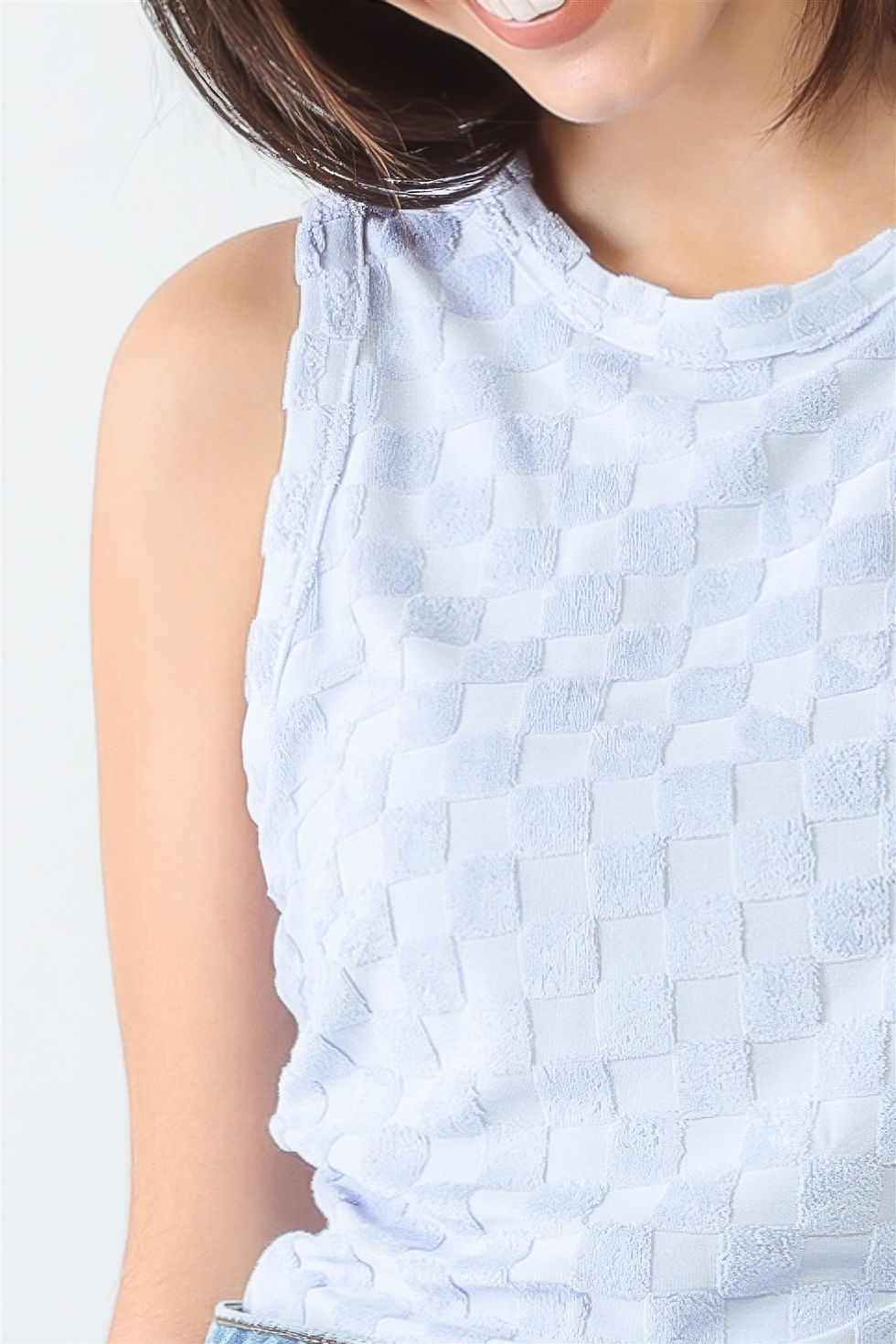 Thumbnail: Baby Blue Chess Cage Print Cotton Blend Sleeveless Bodysuit