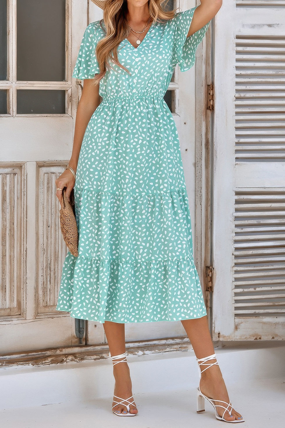 Thumbnail: V Neck Ruffles Tiered Sleeve Smocked Midi Dress