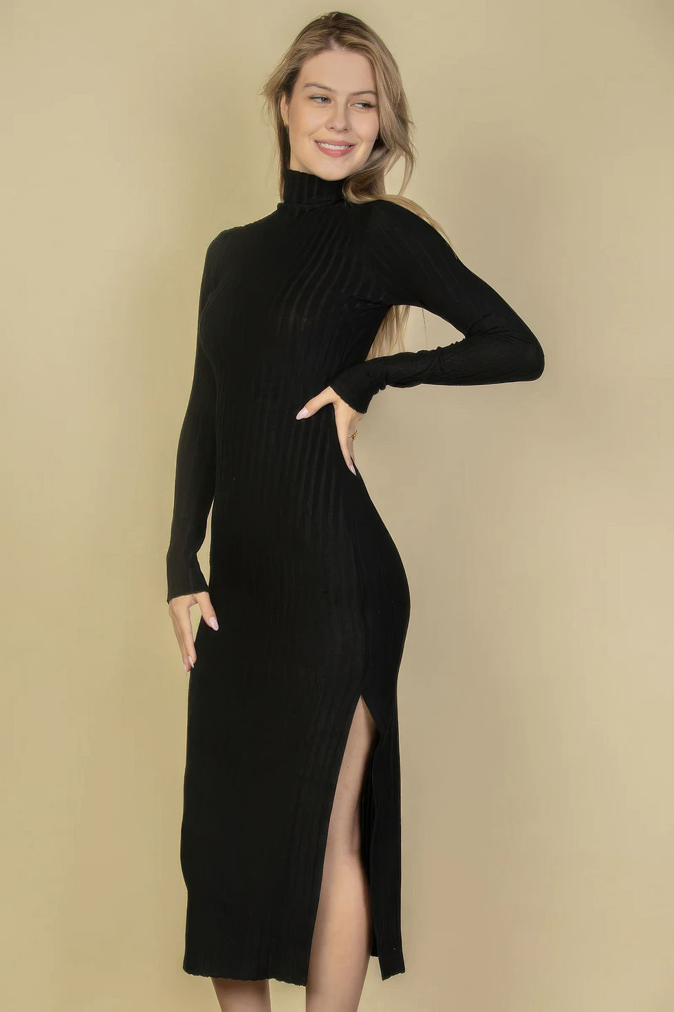 Thumbnail: Sweater-knit Fuzzy Turtle Neck Split Thigh Dress      