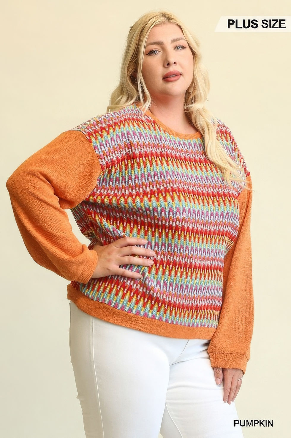 Thumbnail: Novelty Knit And Solid Knit Mixed Loose Top With Drop Down Shoulder