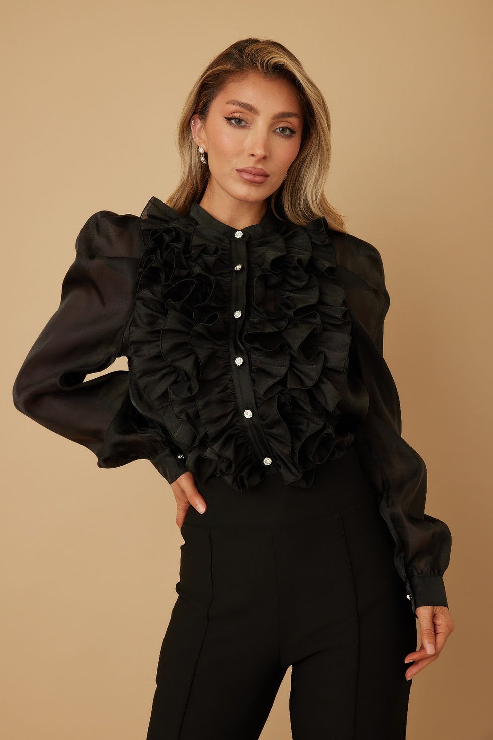 Thumbnail: Ruffle Micro Crystal Long Sleeve Blouse