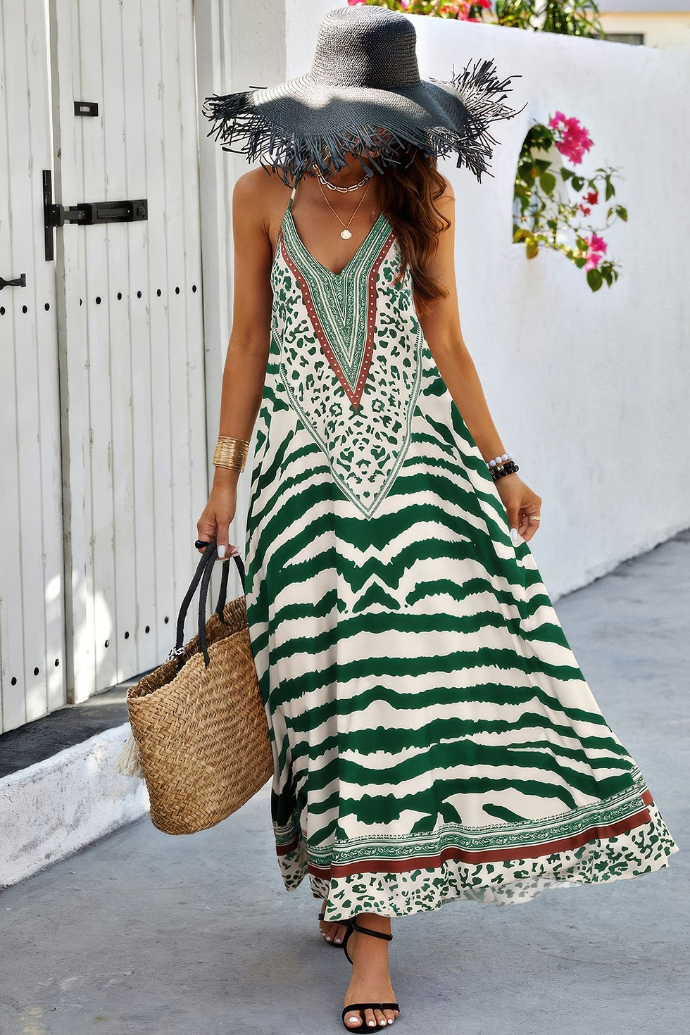 Thumbnail: Animal Print Halter Deep V Ruffle Maxi Dress