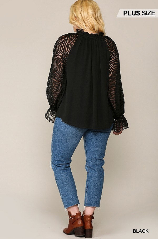 Thumbnail: Zebra Burnout Sleeve Ruffled Neck Bubble Crepe Blouse