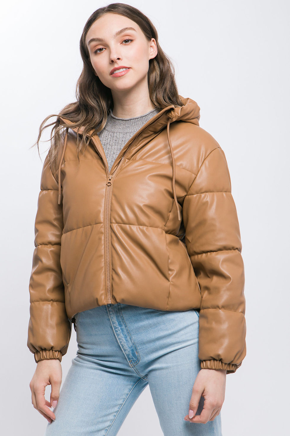 Thumbnail: Pu Faux Leather Zipper Hooded Puffer Jacket