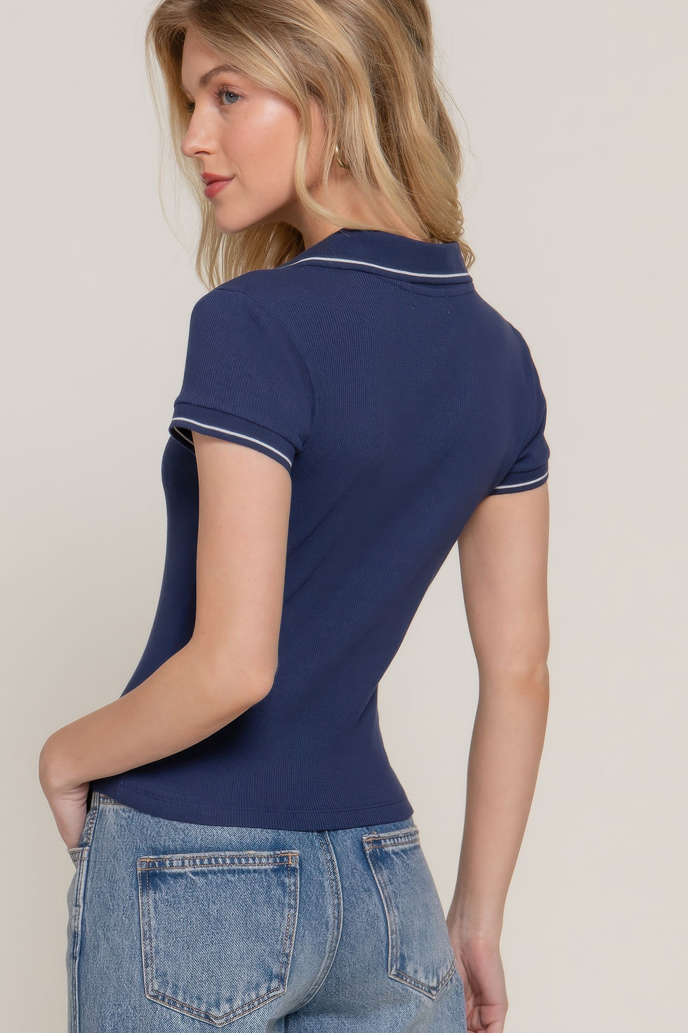 Thumbnail: Short Slv Line Detail Polo Rib Knit Top         